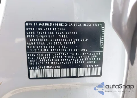 2018 Volkswagen Tiguan 2.0T S z USA, uszkodzony, nr VIN 3VV1B7AX5JM097778